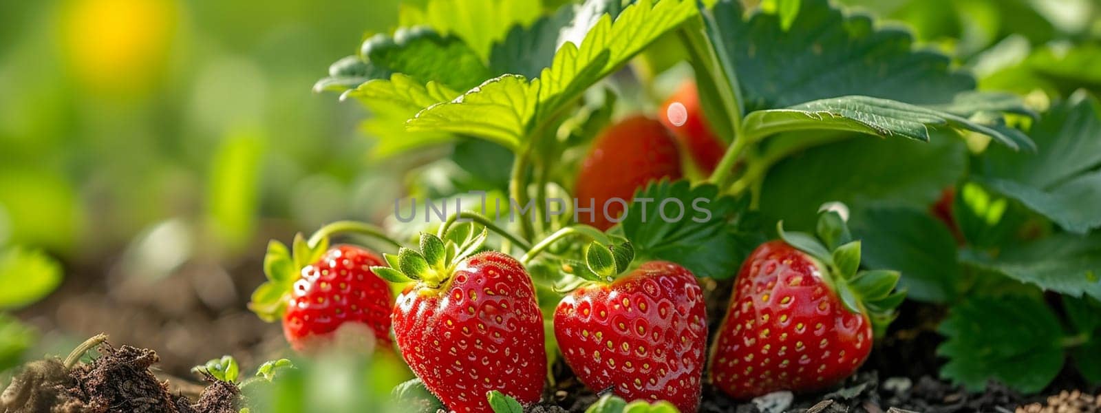 Strawberries growing in the garden, selective focus. Generative AI, by mila1784