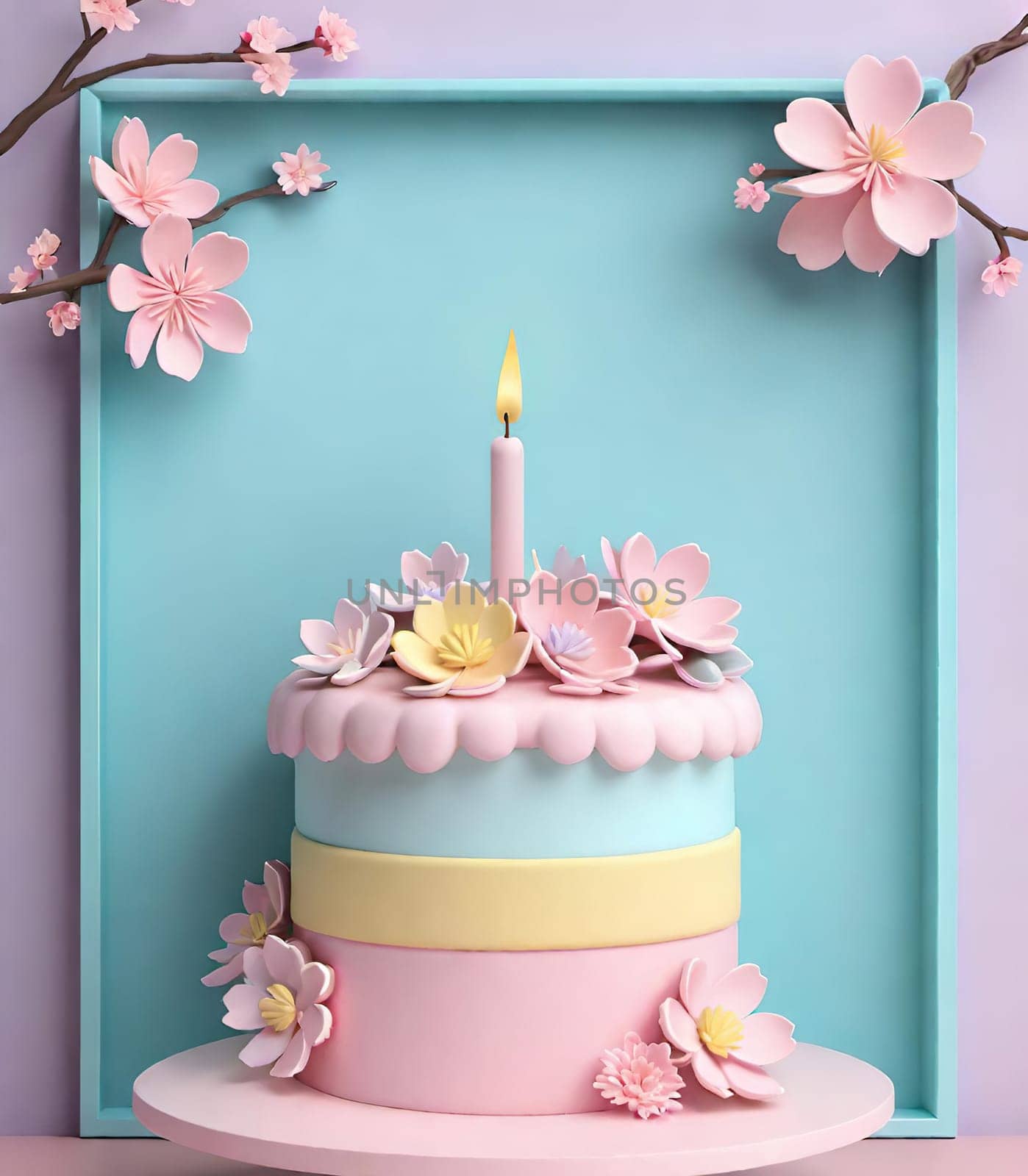Birthday cake with flowers and a burning candle on  background. Birthday concept.Fancy cake decorated with flowers and a burning candle.3d illustration of a birthday cake with candles and flowers. 3D rendering.
