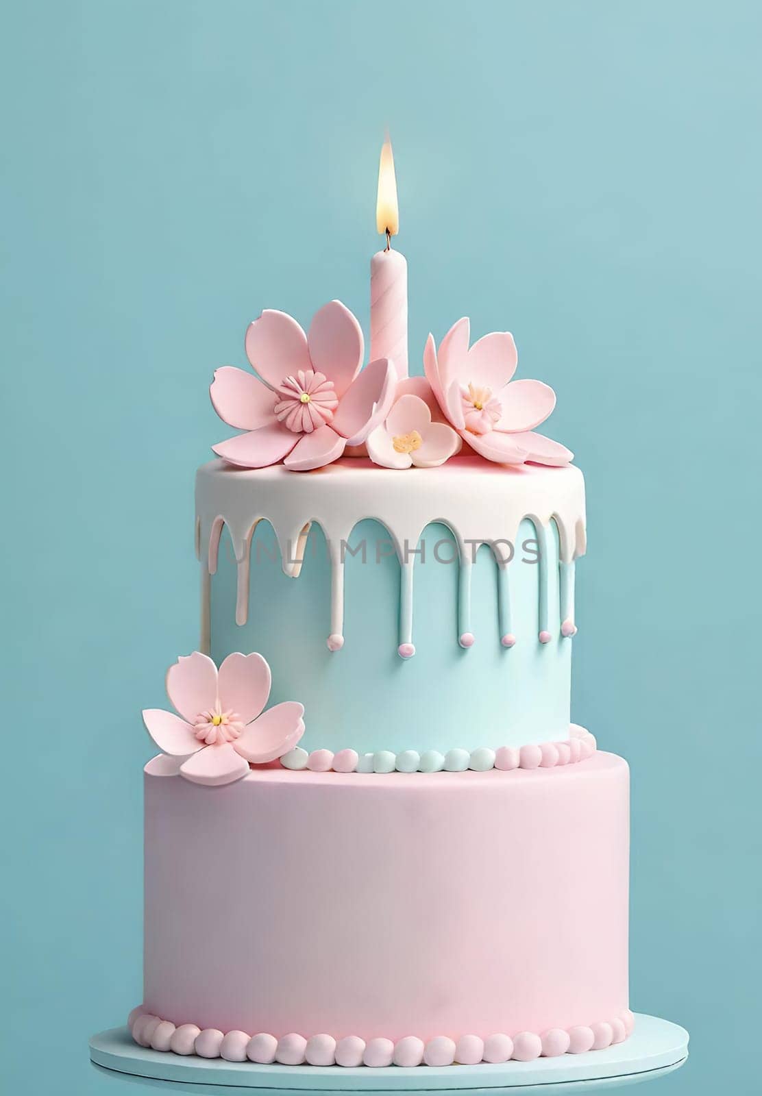 Birthday cake with flowers and a burning candle on  background. Birthday concept.Fancy cake decorated with flowers and a burning candle.3d illustration of a birthday cake with candles and flowers. 3D rendering.