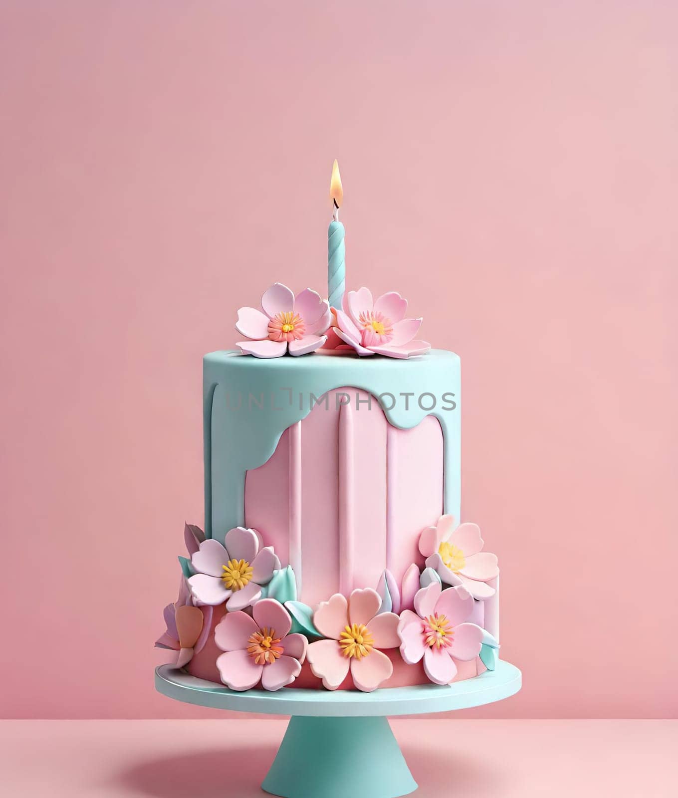 Birthday cake with flowers and a burning candle on  background. Birthday concept.Fancy cake decorated with flowers and a burning candle.3d illustration of a birthday cake with candles and flowers. 3D rendering.