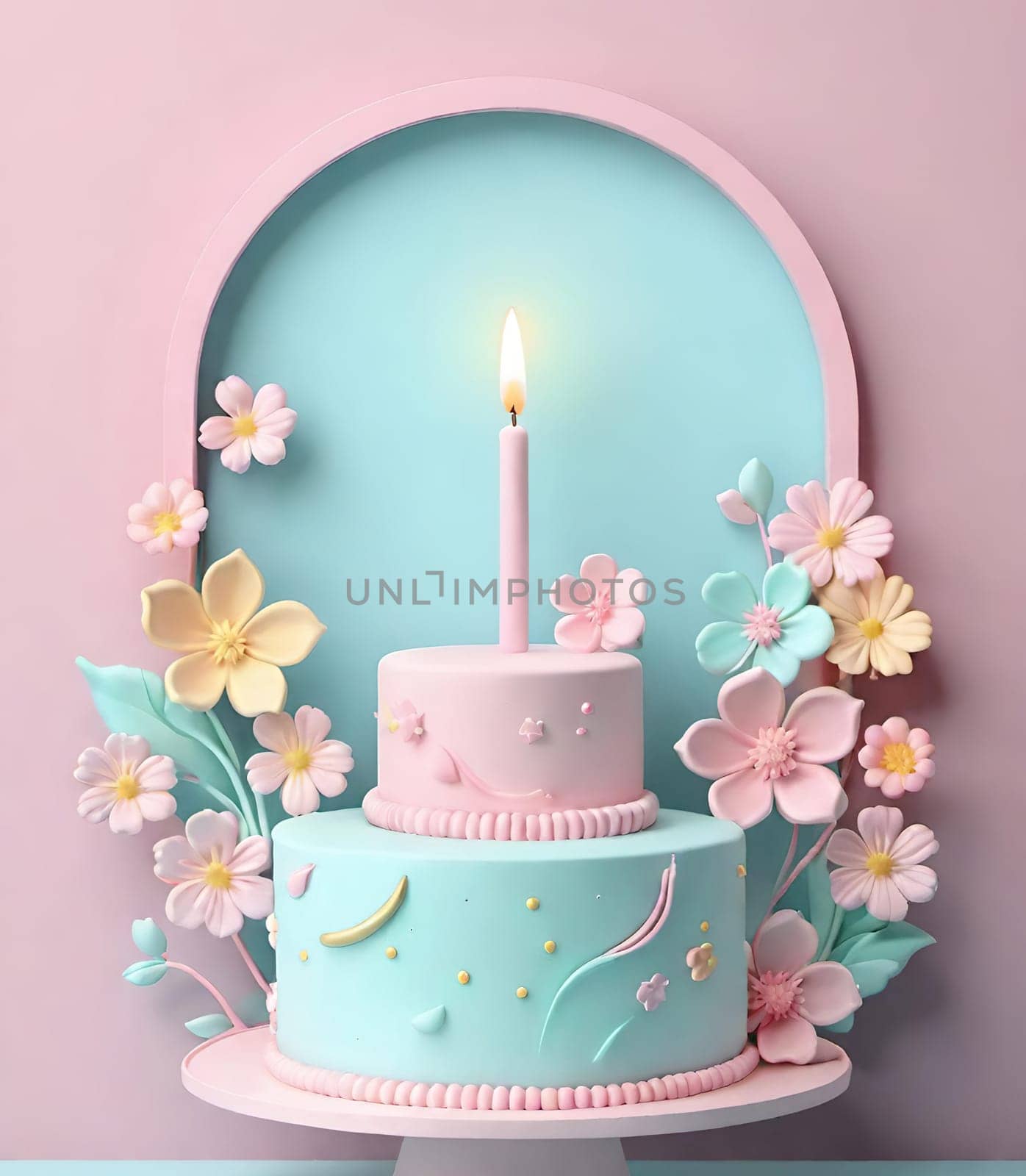 Birthday cake with flowers and a burning candle on  background. Birthday concept.Fancy cake decorated with flowers and a burning candle.3d illustration of a birthday cake with candles and flowers. 3D rendering.