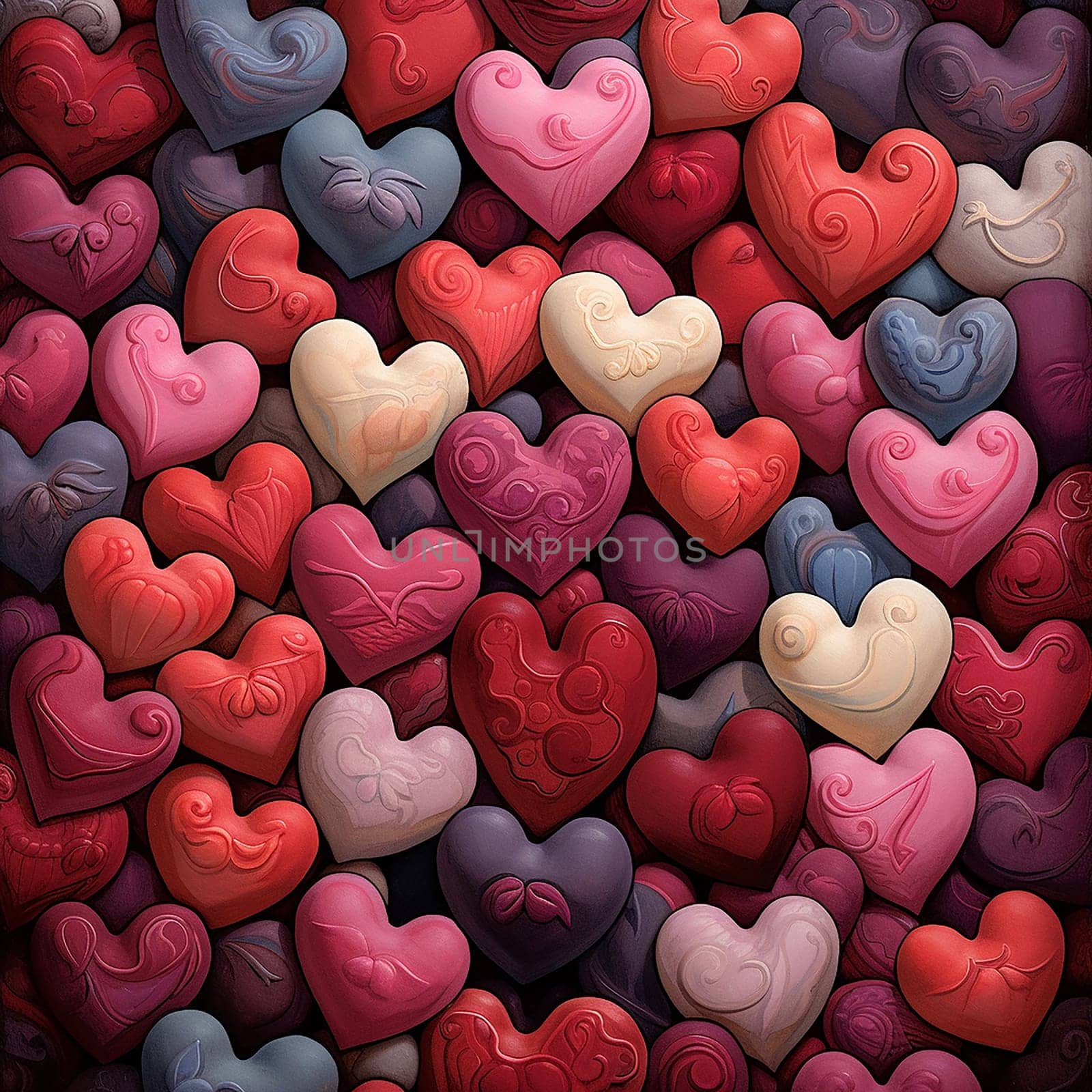 Multicolored heart shapes with various patterns in a tight arrangement.