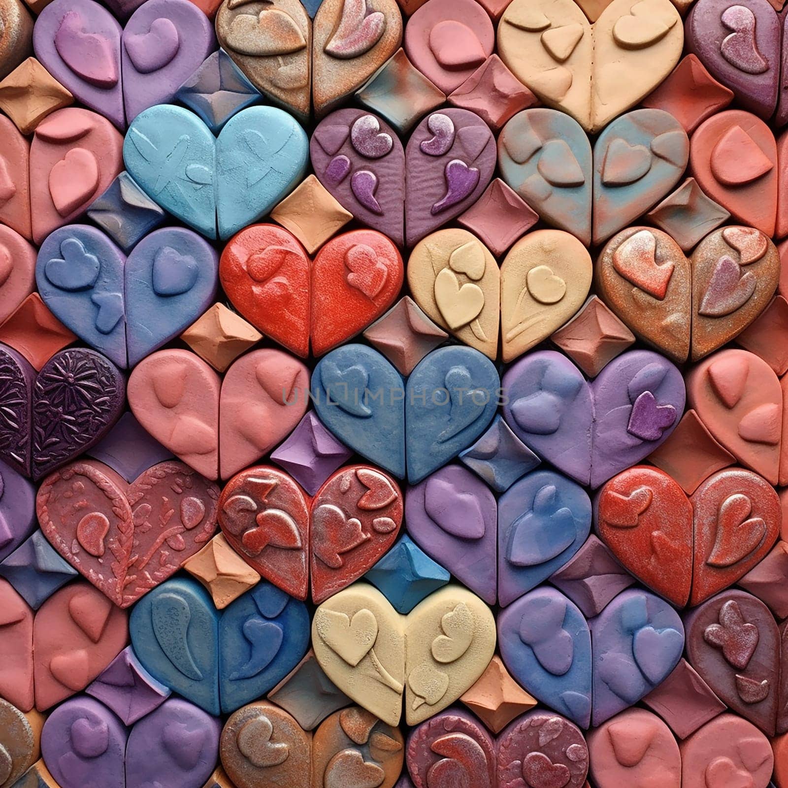 Assortment of colorful heart-shaped objects with various textures. by Hype2art