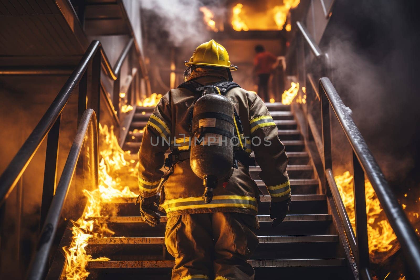 Firefighter in full gear walking up stairway severe fire. Generative AI.