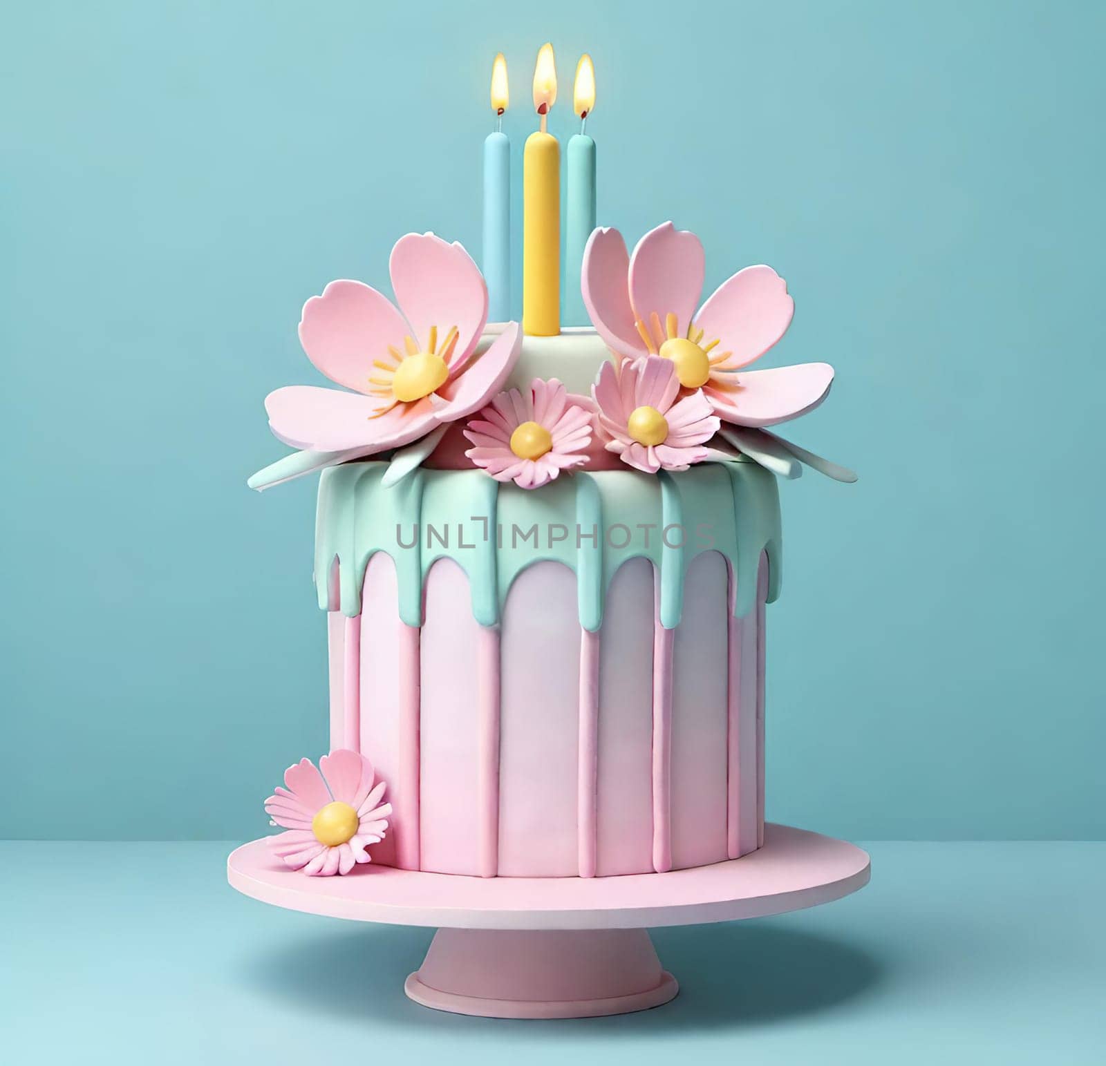 Birthday cake with flowers and a burning candle on  background. Birthday concept.Fancy cake decorated with flowers and a burning candle.3d illustration of a birthday cake with candles and flowers. 3D rendering.