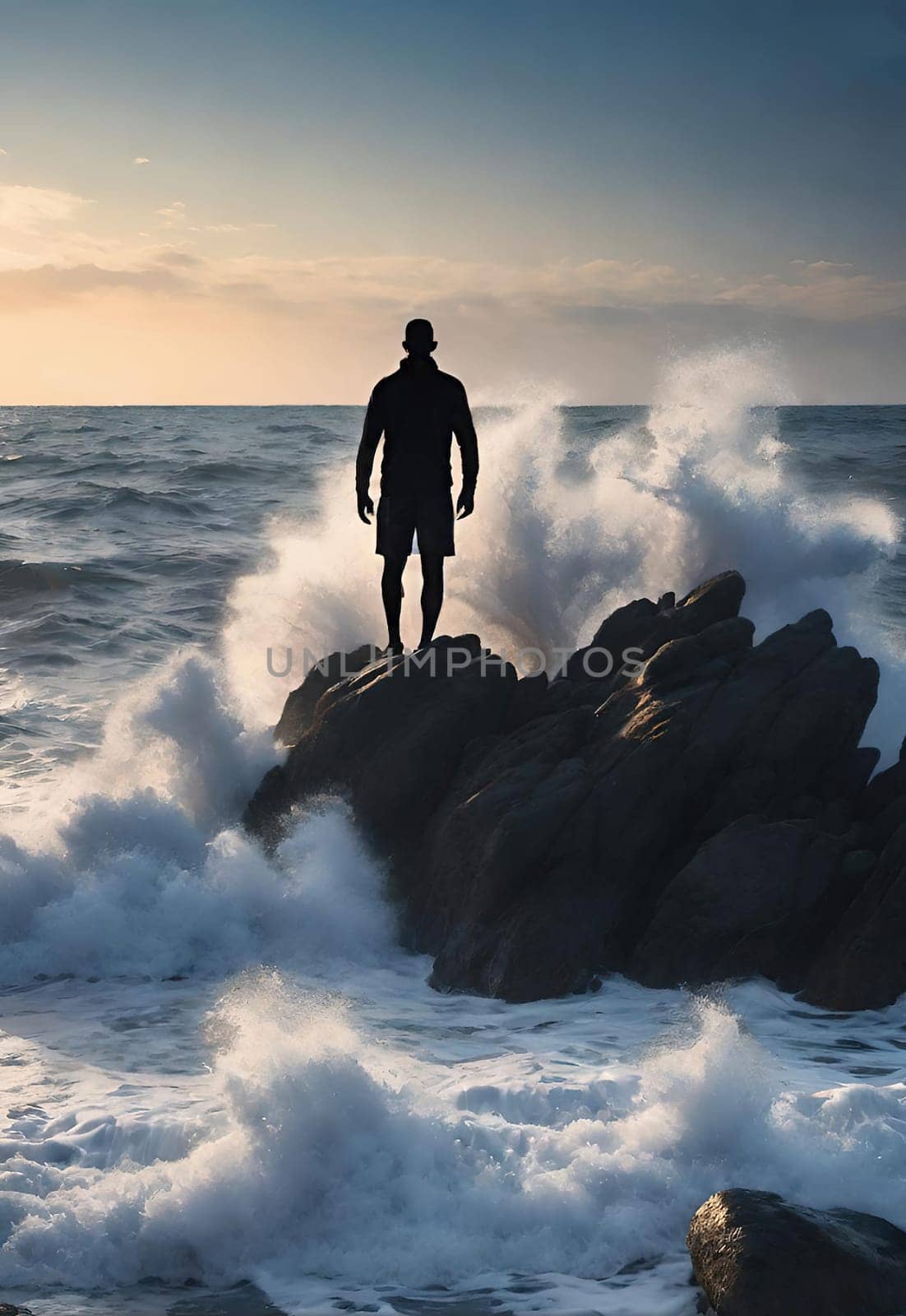 Silhouette of a man standing on the rocks in the sea.wave splash.human silhouette on the rocks on the seashore. Waves splashing on the rocks.