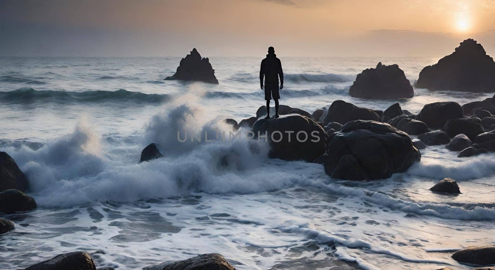 Silhouette of a man standing on the rocks in the sea.wave splash.human silhouette on the rocks on the seashore. Waves splashing on the rocks.