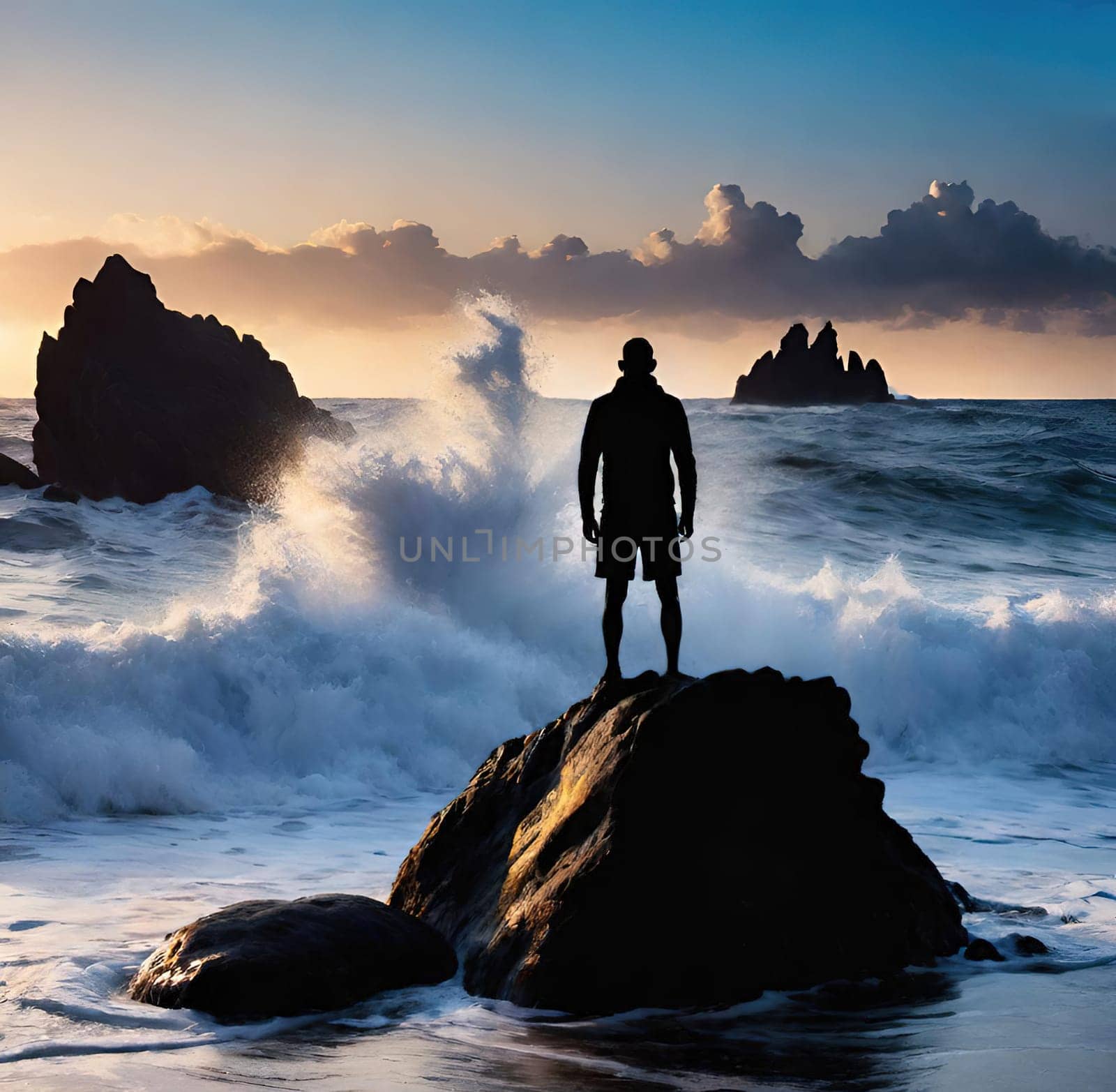 Silhouette of a man standing on the rocks in the sea.wave splash.human silhouette on the rocks on the seashore. Waves splashing on the rocks.