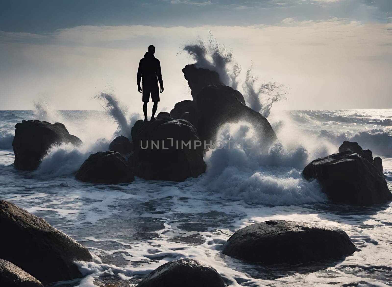 Silhouette of a man standing on the rocks in the sea.wave splash.human silhouette on the rocks on the seashore. Waves splashing on the rocks.