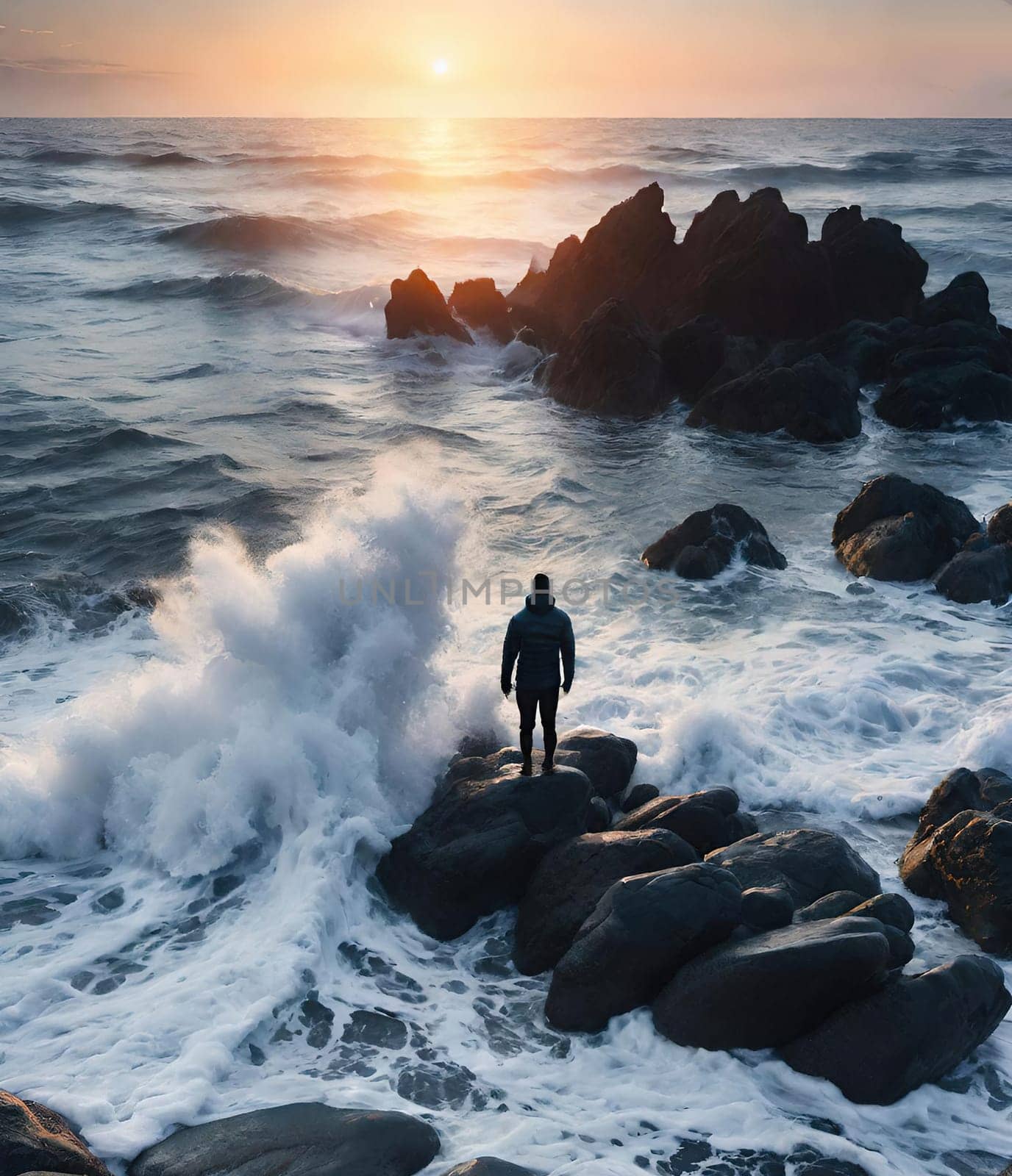 Silhouette of a man standing on the rocks in the sea.wave splash.human silhouette on the rocks on the seashore. Waves splashing on the rocks.