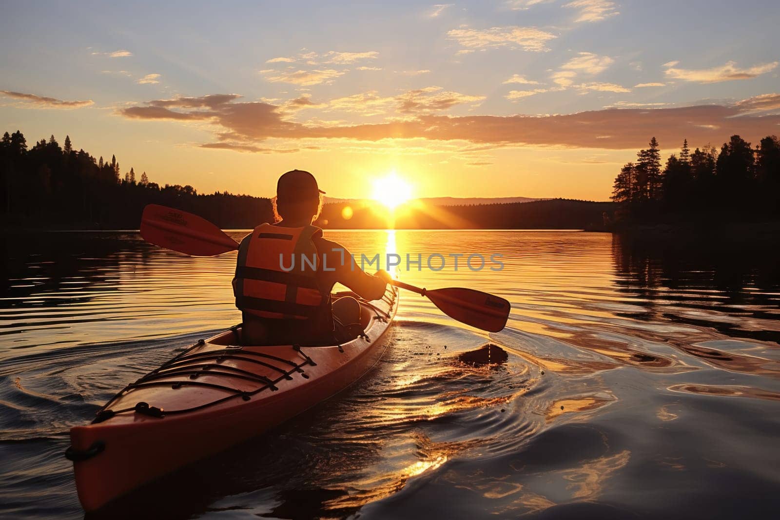 Model kayaking on a tranquil lake at sunset. Generative AI.