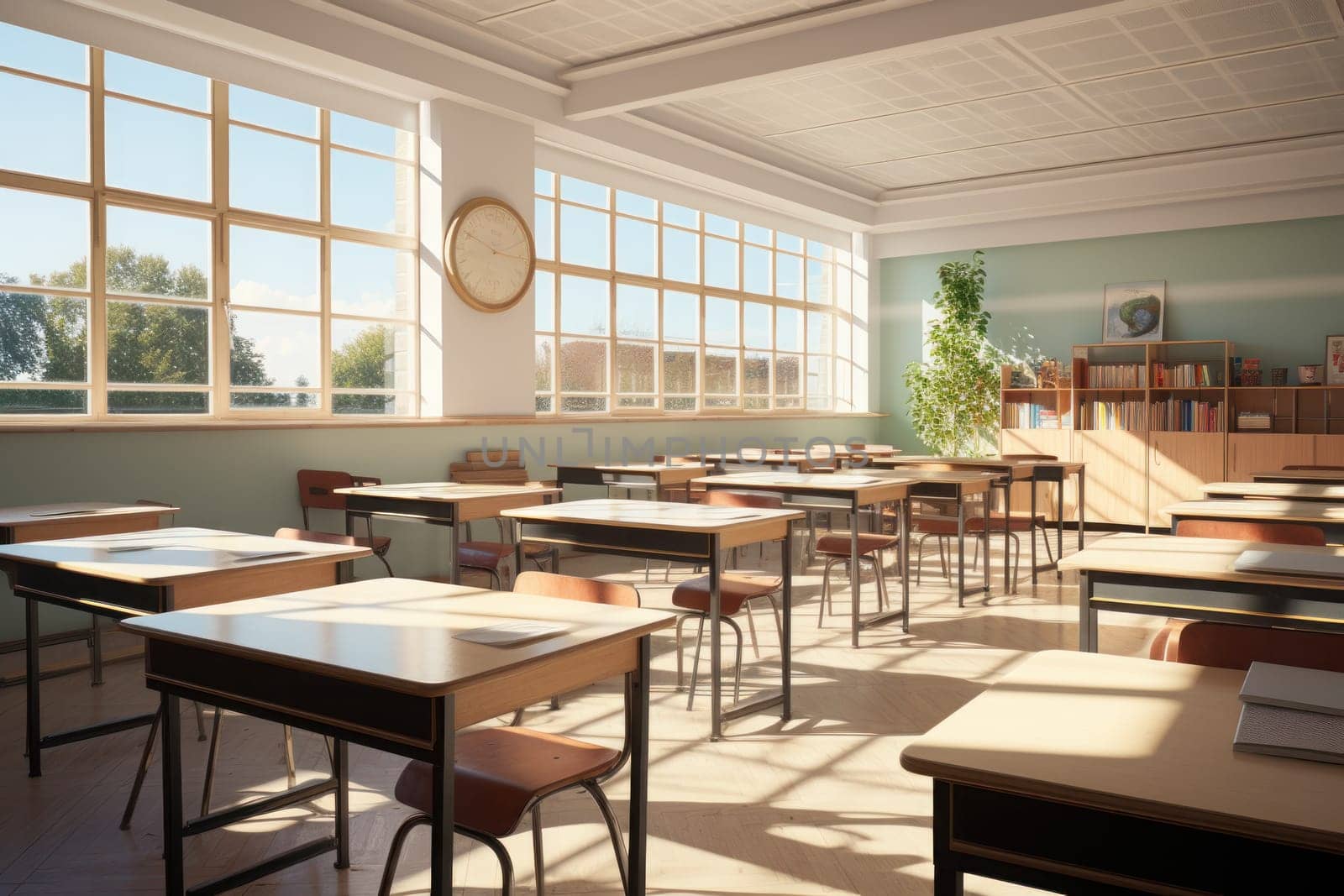 Empty class room with windows and desks, in the style of sun rays shine upon. Generative AI.