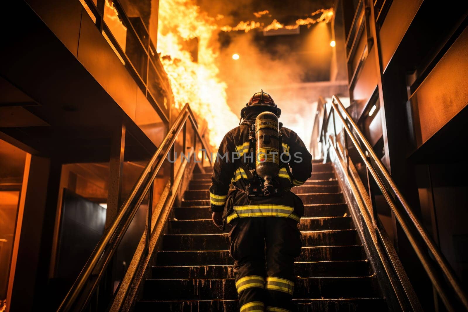 Firefighter in full gear walking up stairway severe fire. Generative AI.