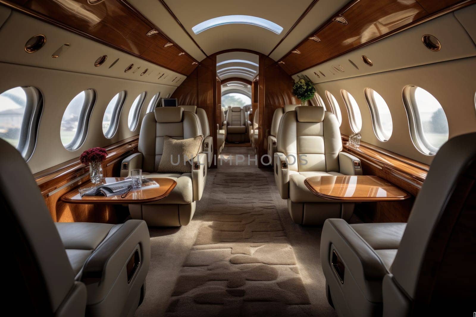 Interior from a luxury private jet. Generative AI.