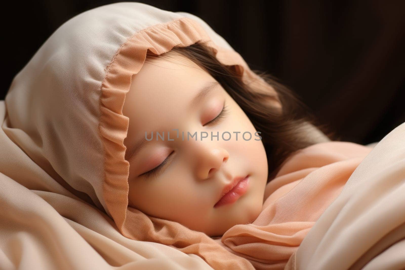Ultra close-up, sleeping baby, and the whole picture is in a diagonal composition. Generative AI.