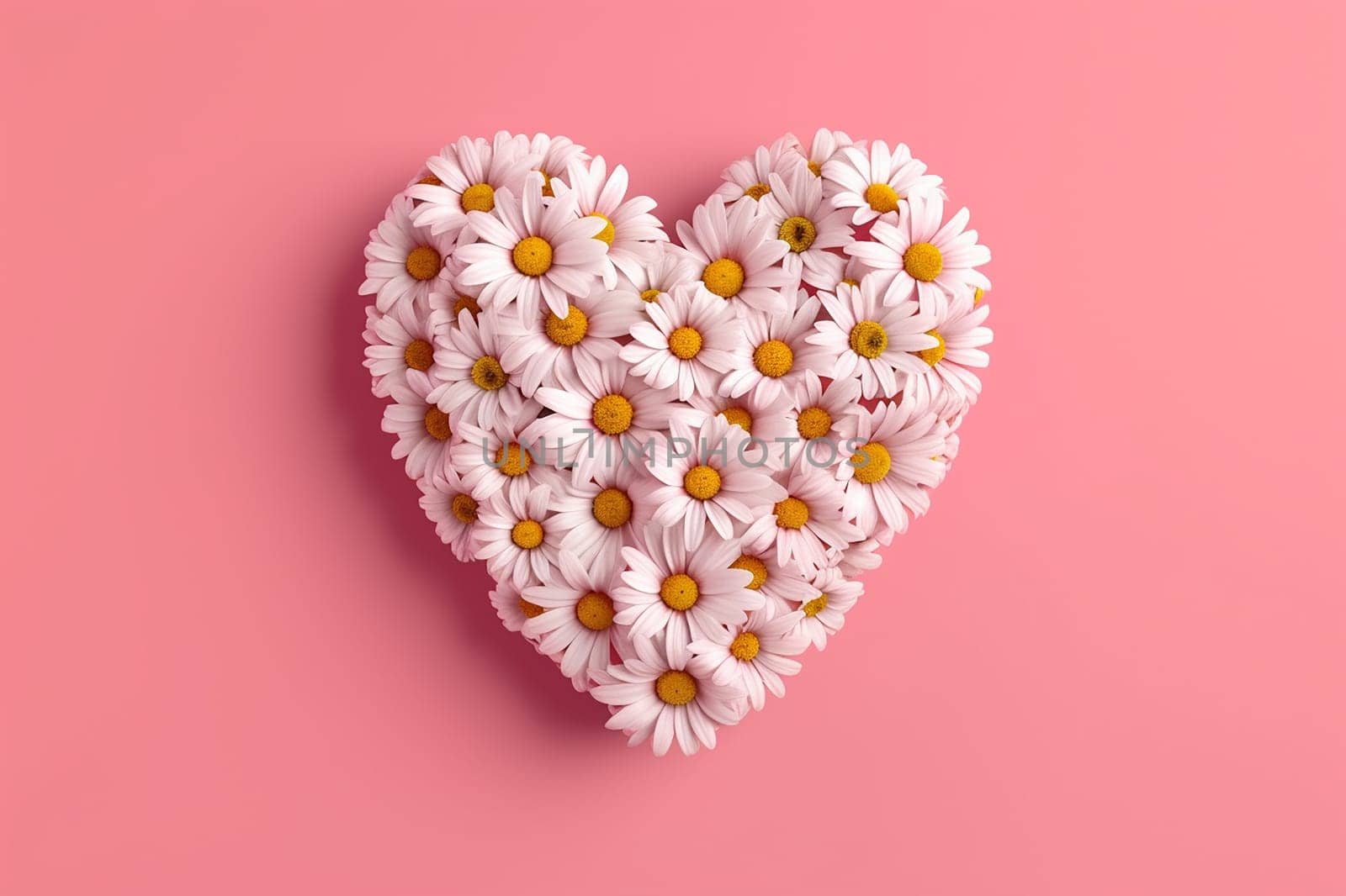 Heart shaped arrangement of daisies on a pink background