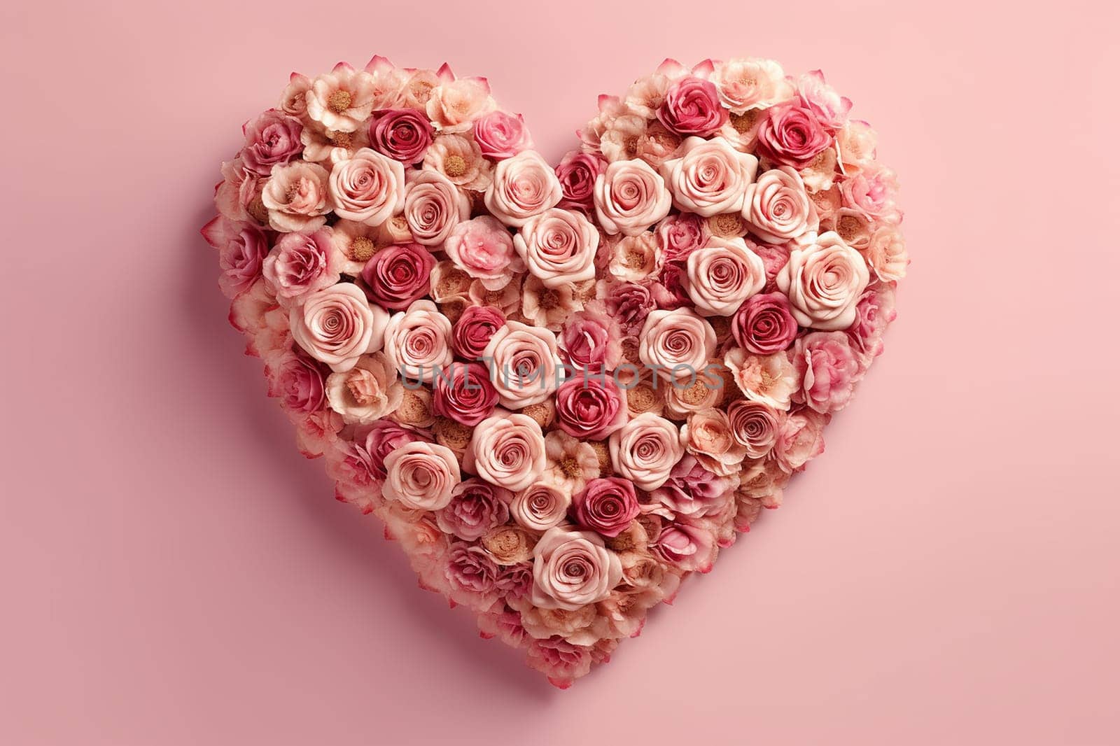 Heart shaped arrangement of roses in shades of pink and white on a pastel background.
