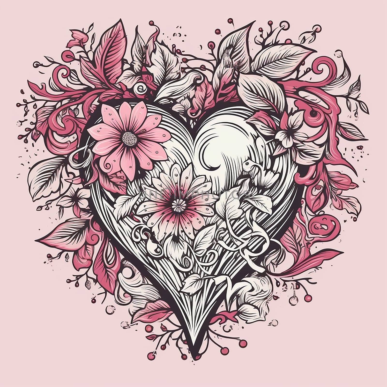 Stylized heart with intricate floral and wave details in a pink and white color scheme.