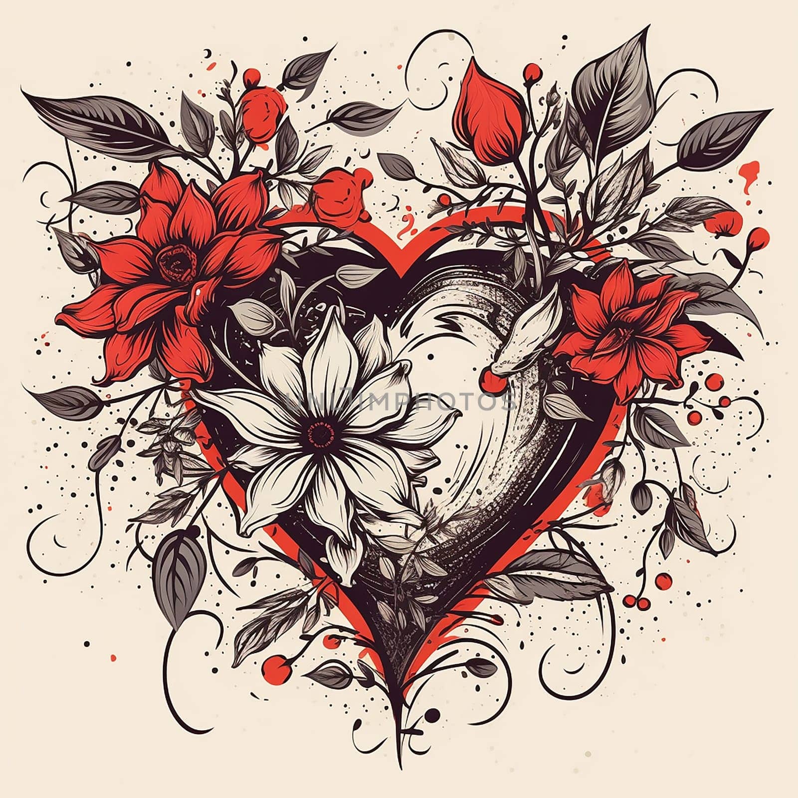 Illustration of a heart surrounded by flowers and leaves with splashes of color.