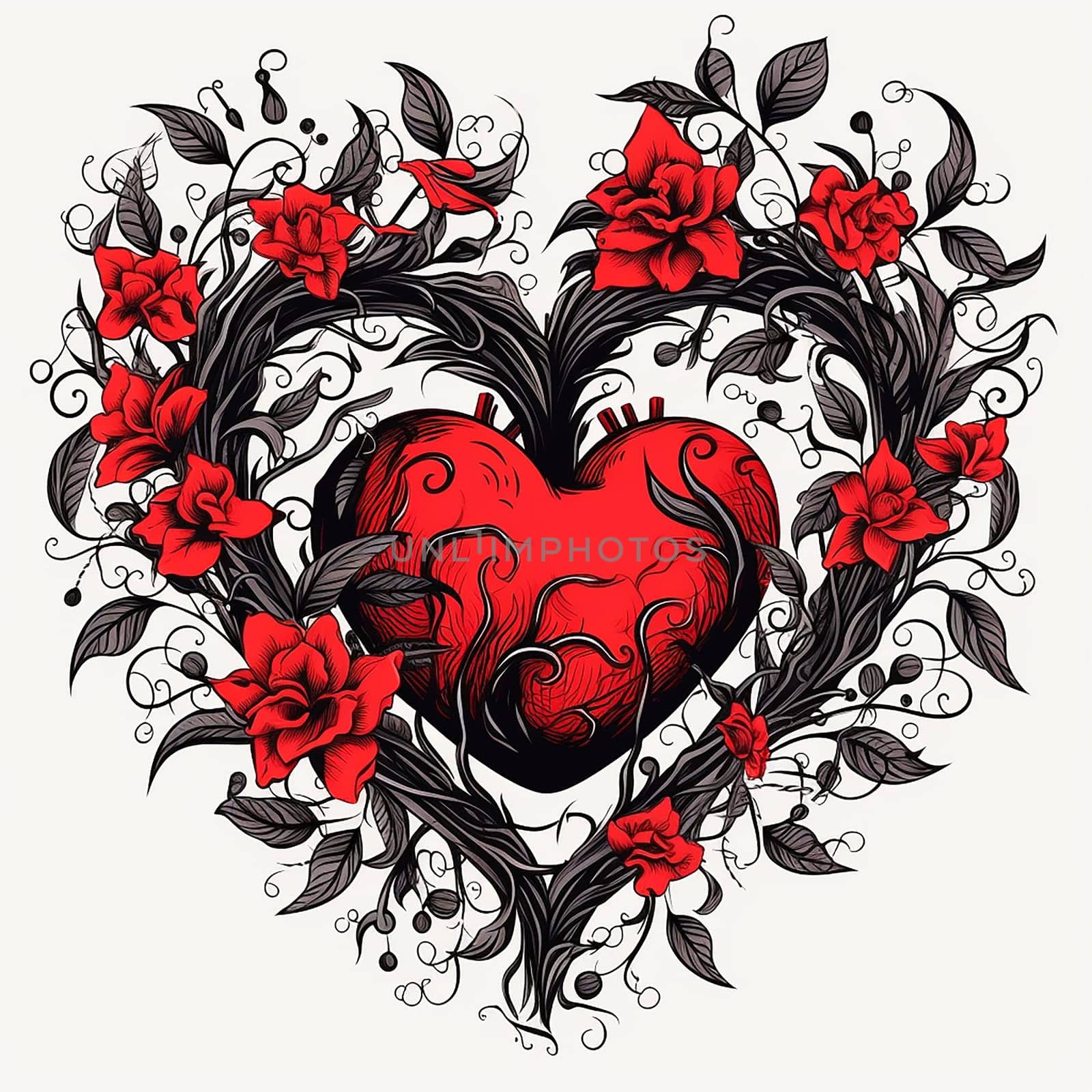 A vivid illustration of a heart entwined with ornate red roses and black flourishes. by Hype2art