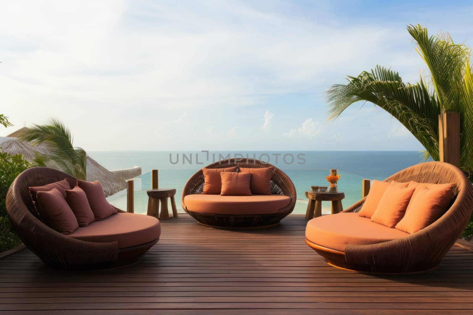 Captivating image of a chic seaside lounge area views for an unforgettable experience. Generative AI.