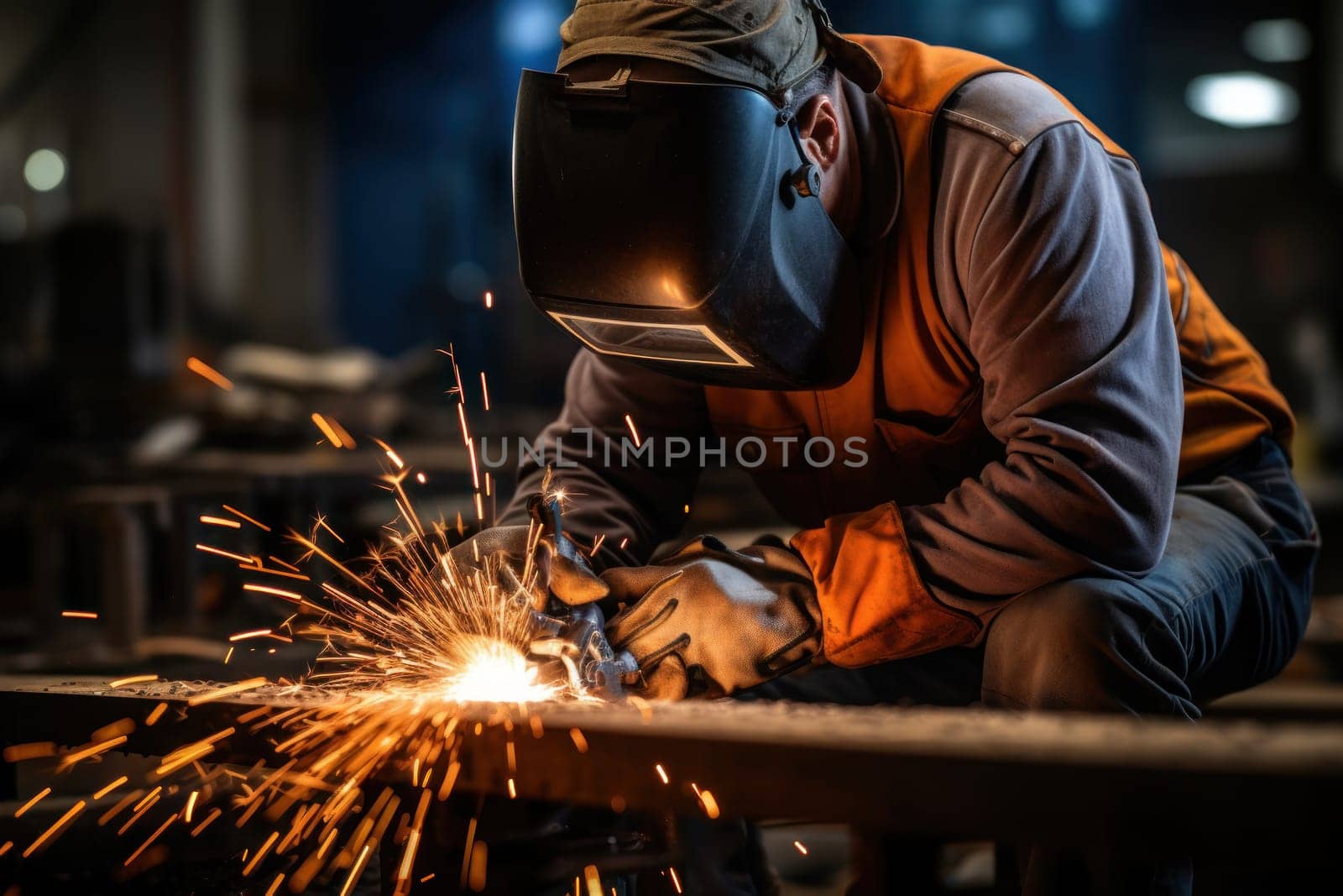 Workers and welders who perform arc welding in factories. Generative AI.