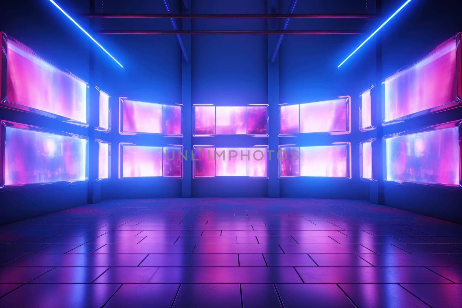 Background wall made of glowing tv screens, 3d unreal render, vibrant. Generative AI.