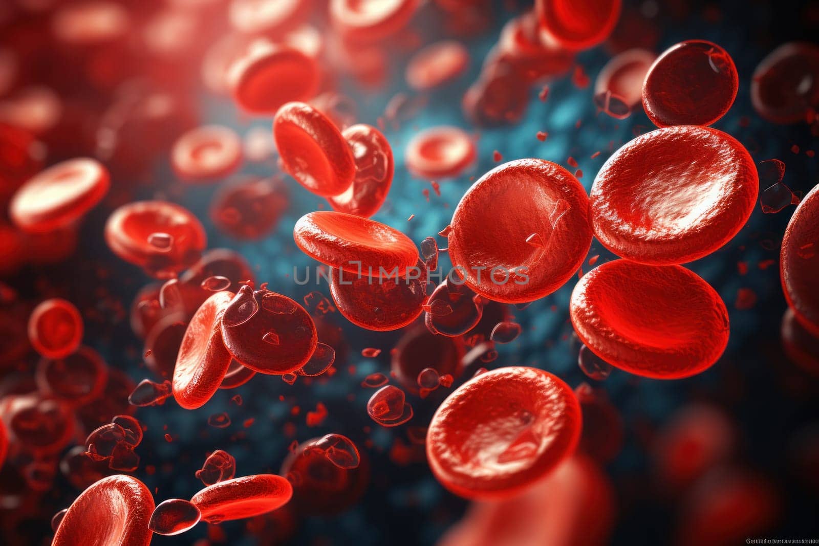 Red blood cells under microscope, scientific illustration. Generative AI.