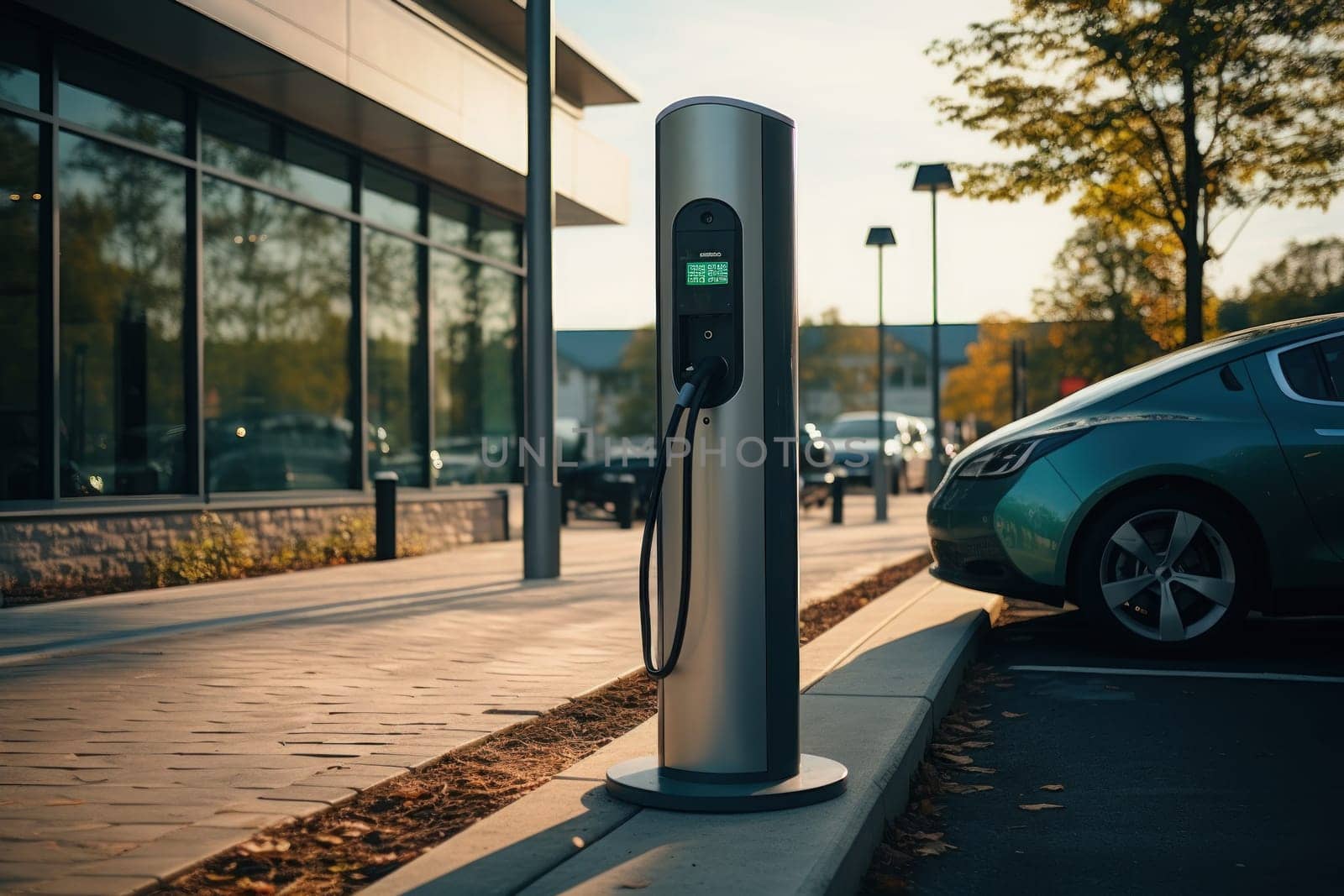 Electric car charging battery at EV charger station. Generative AI..