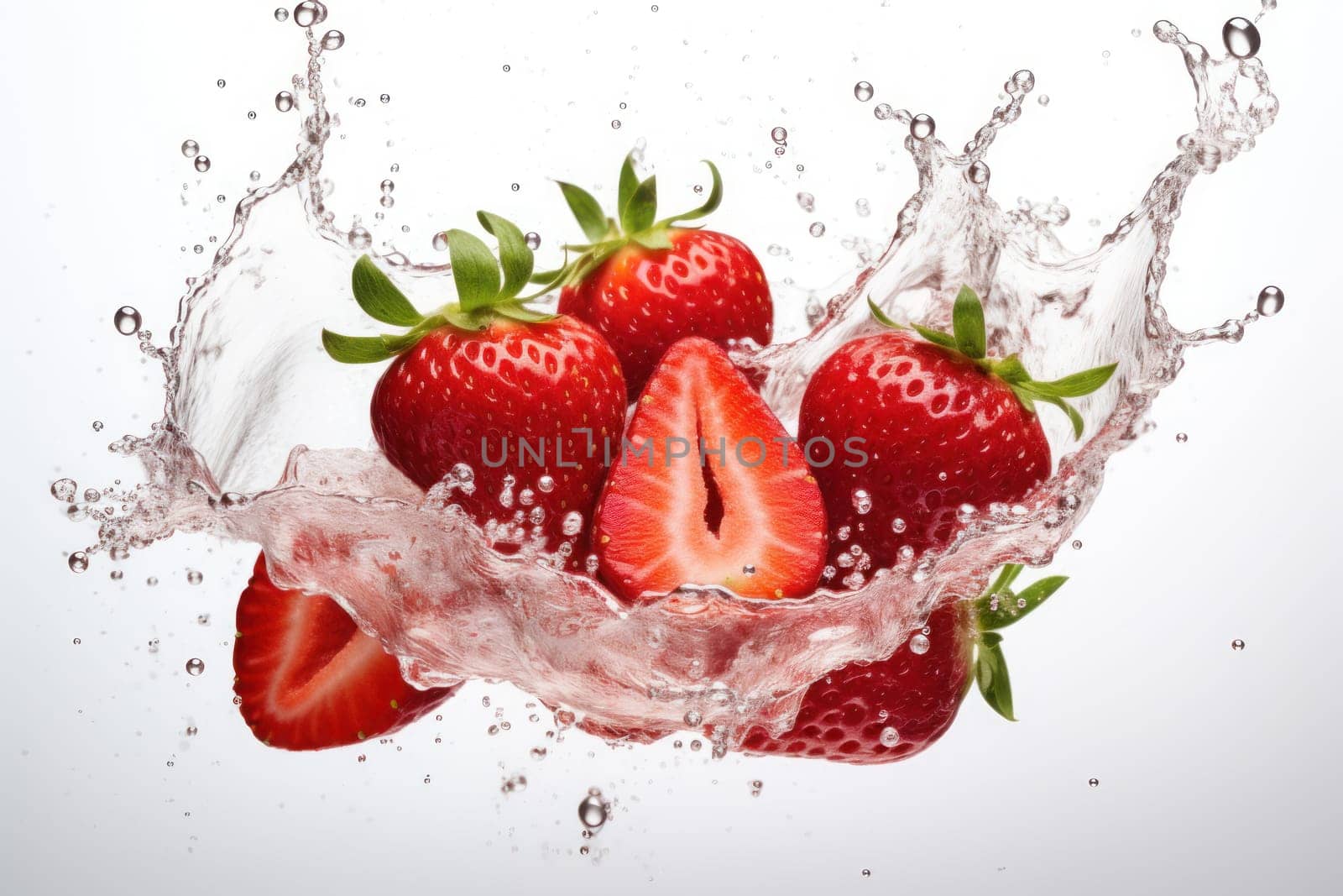 Splash effect of strawberry, high speed photography, on plain white background. Generative AI.