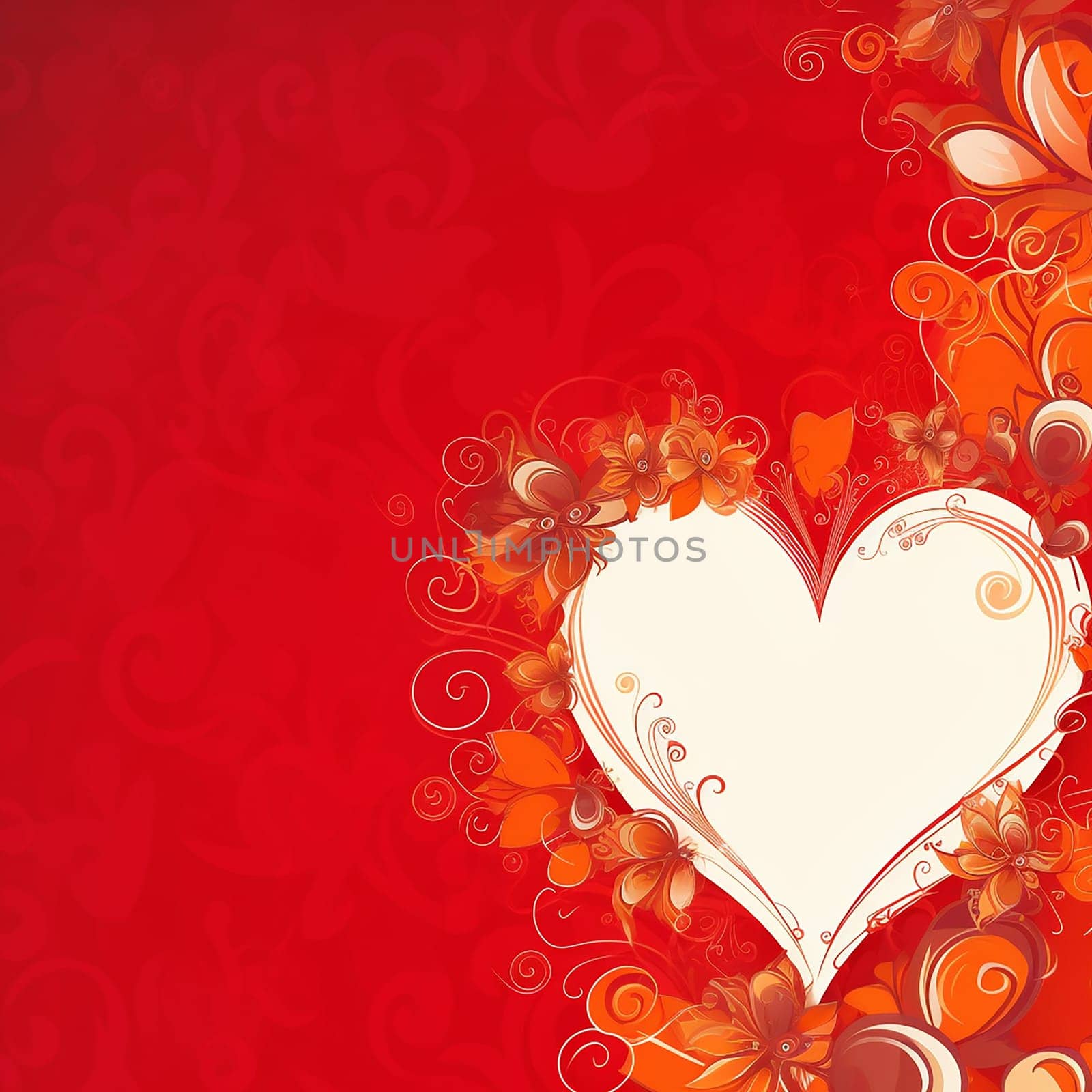 Illustration of a stylized white heart on a red background with orange floral elements.