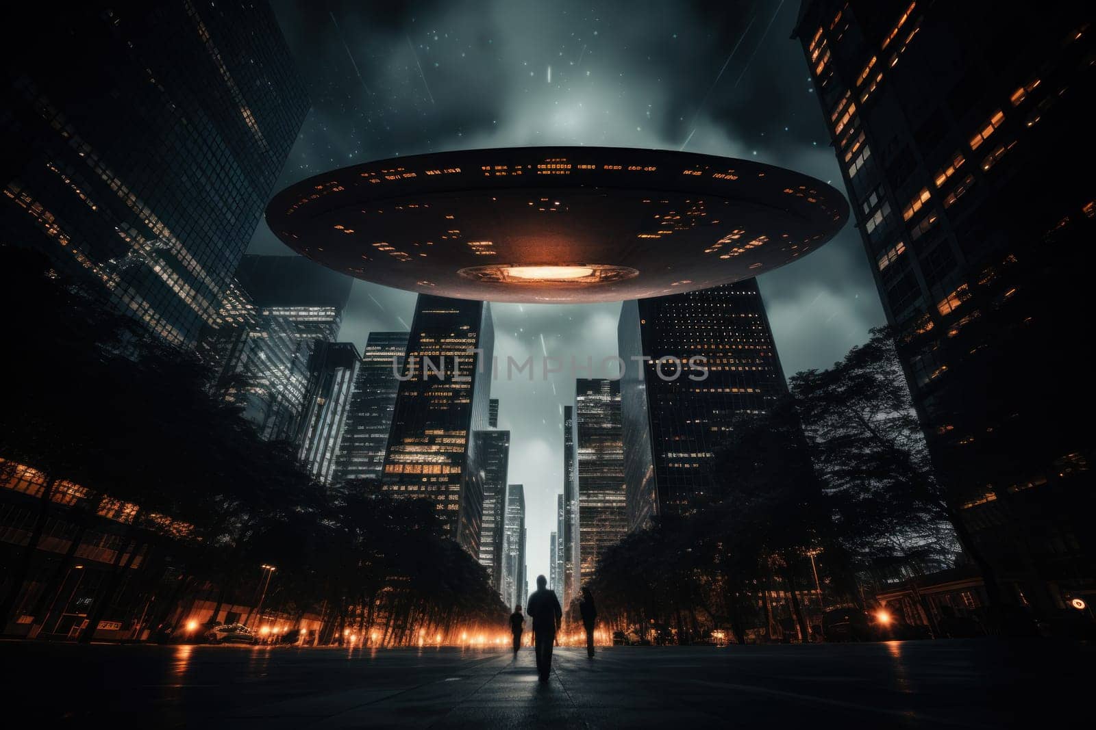 Photograph of a city corporate skyscraper with a UFO on top taken. Generative AI.