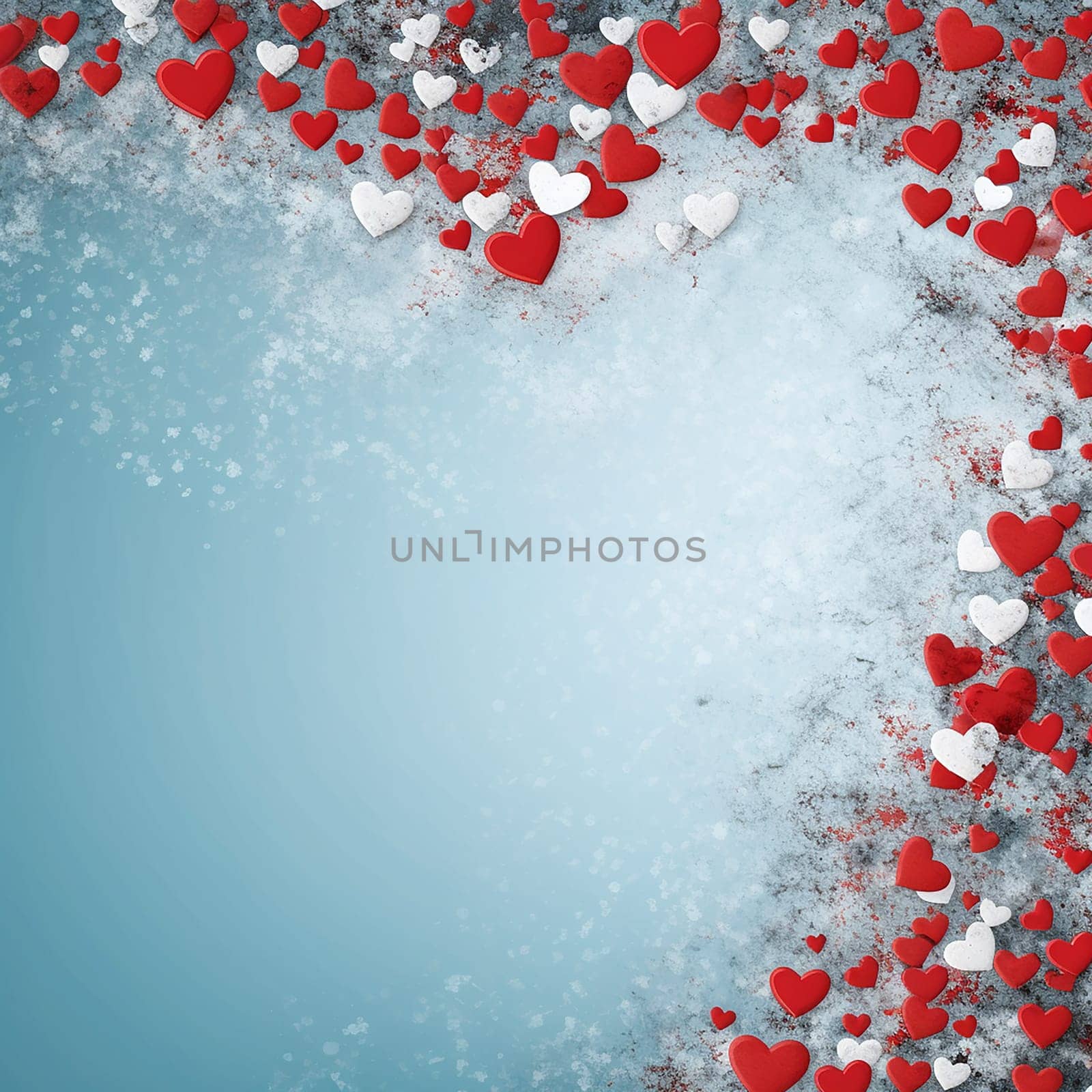 Assorted heart shapes scattered on a textured blue background.