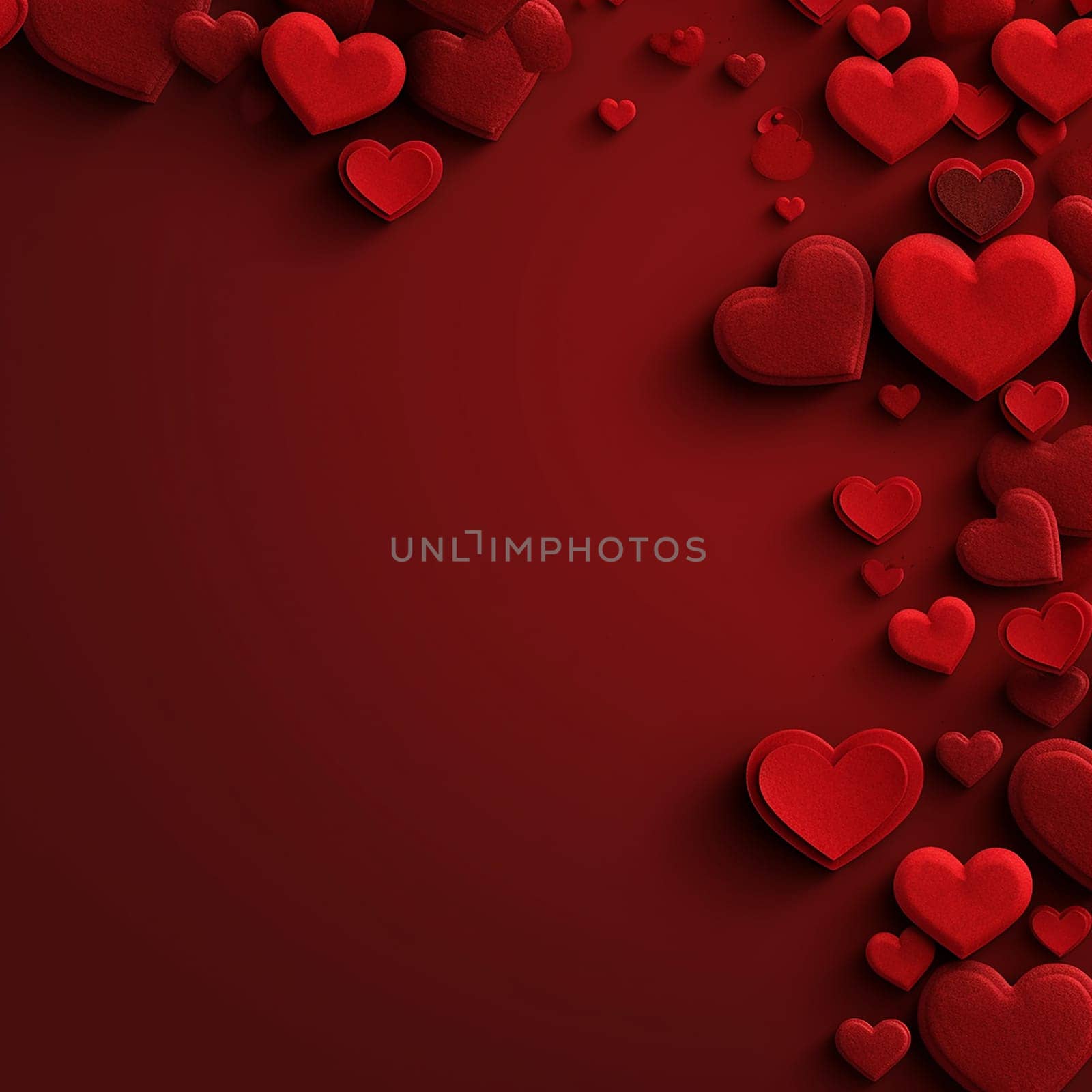 Variety of red hearts on a dark red background, symbolizing love and romance. by Hype2art