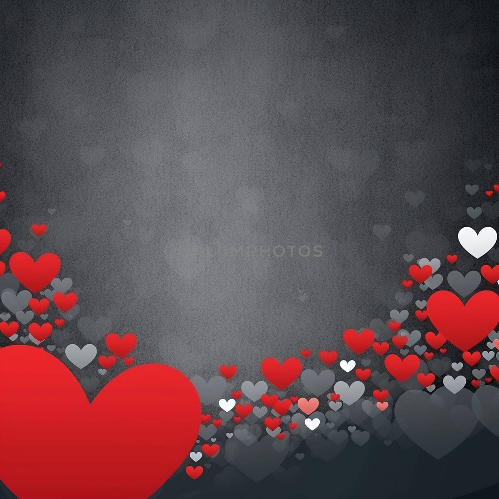 A multitude of red and white hearts scattered against a shaded backdrop.