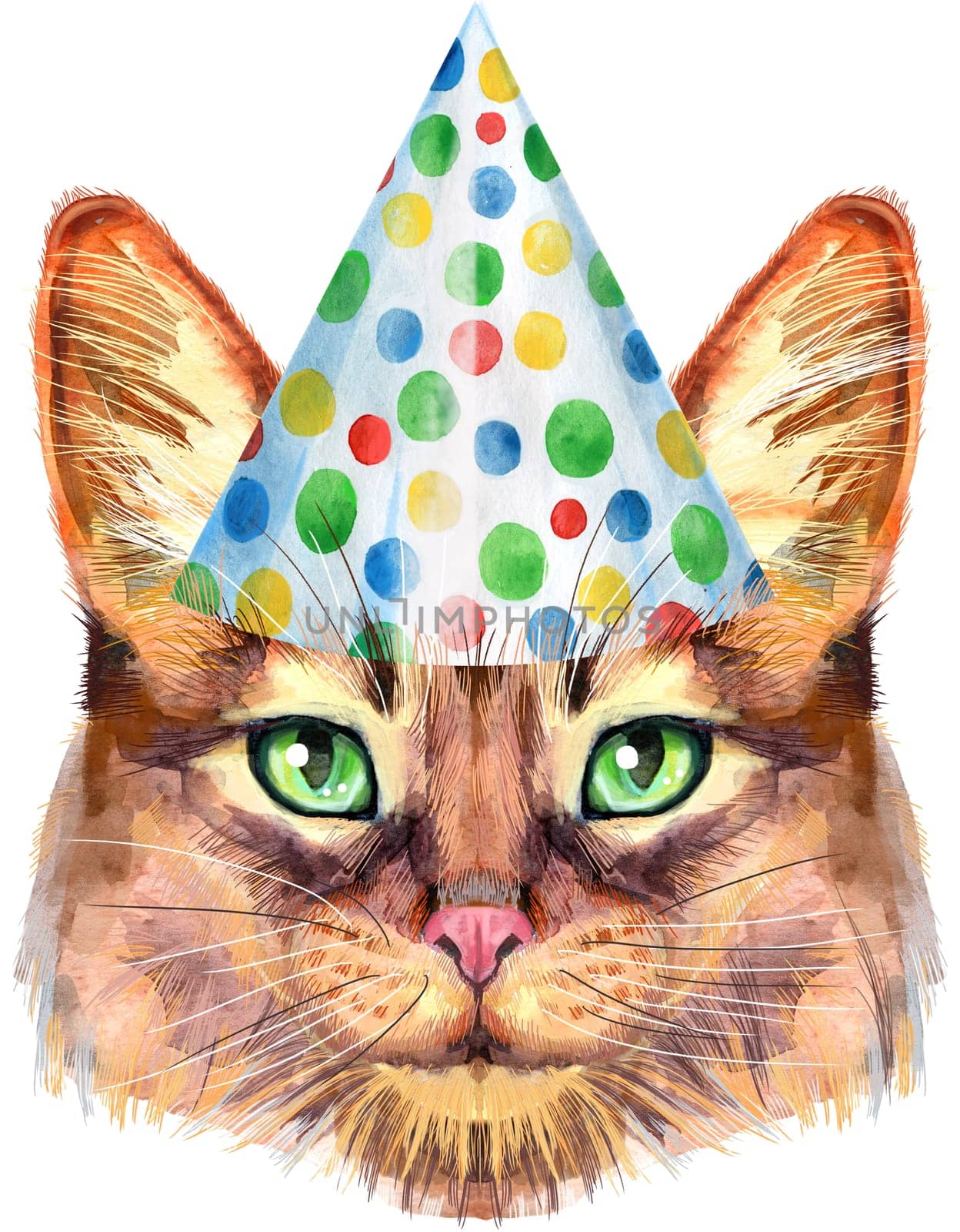 Cute cat in party hat. Cat for t-shirt graphics. Watercolor Somali cat breed illustration