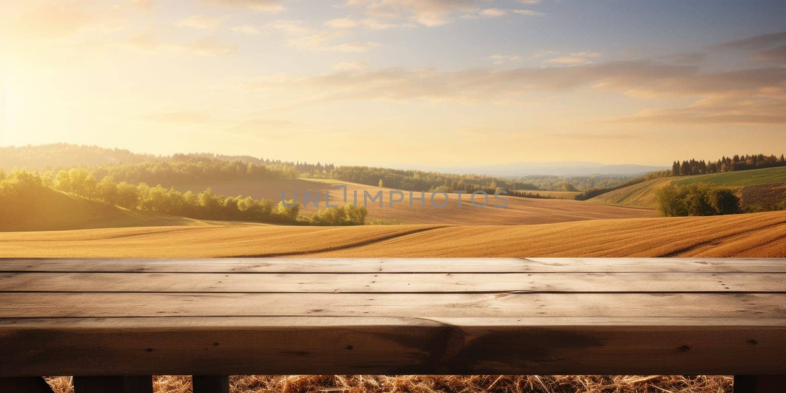 Empty wooden table top with farm landscape whit tractor during the autumn. Generative AI by golfmerrymaker