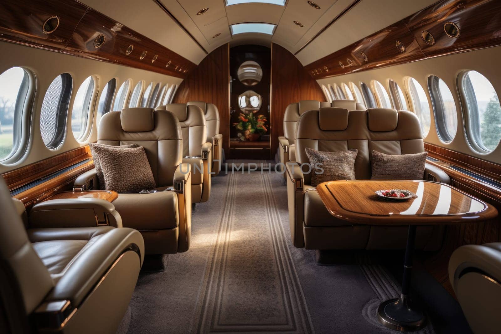 Interior from a luxury private jet. Generative AI.