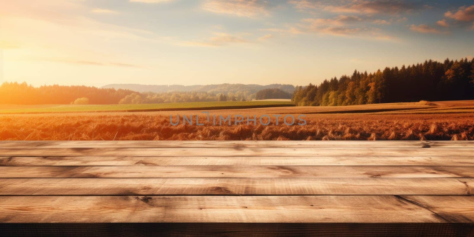 Empty wooden table top with farm landscape whit tractor during the autumn. Generative AI by golfmerrymaker