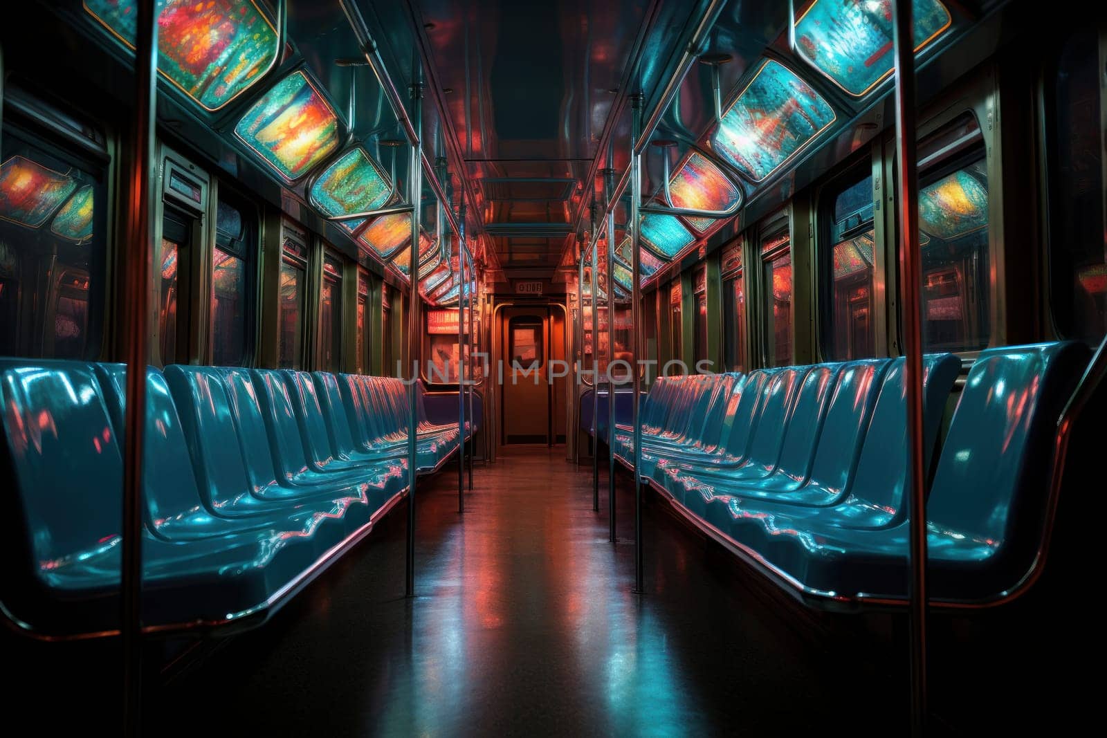 Empty seats on the subway cinematic lighting, white neon. Generative AI.