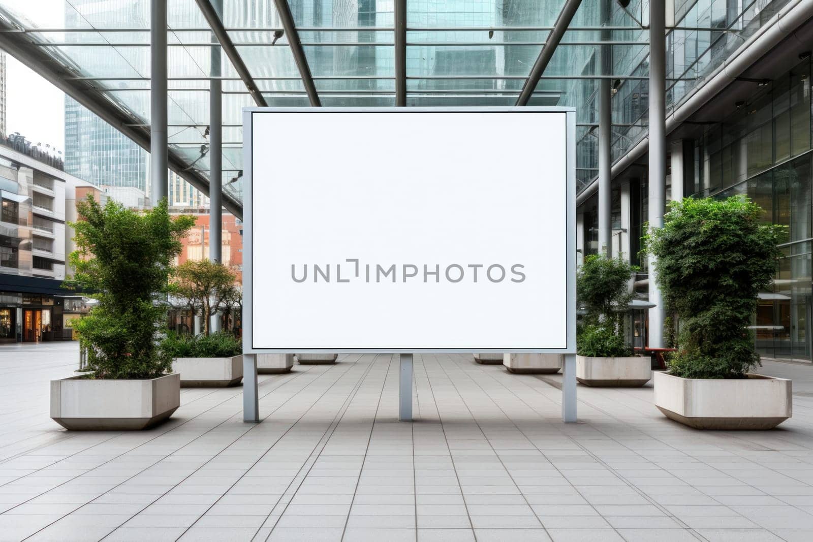 Public shopping center mall advertisement board space as empty blank white mockup. Generative AI.