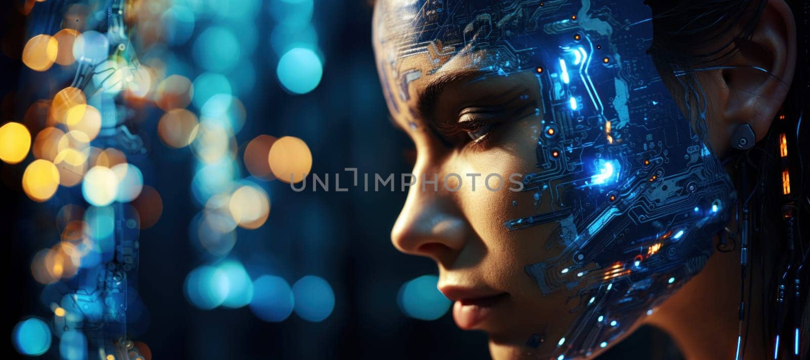 Complex detailed photograph of a cyborg face tech blur background. Generative AI by golfmerrymaker