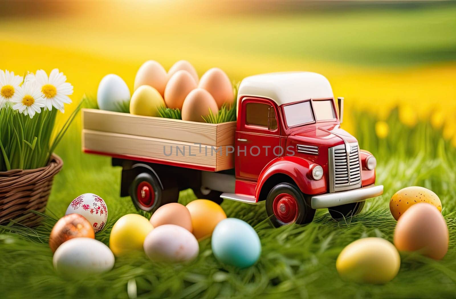 Easter concept. A toy truck full of colorful Easter eggs against the background of a field with green grass and flowers. Egg delivery. Setting sun in spring. Close-up. Blurred background.