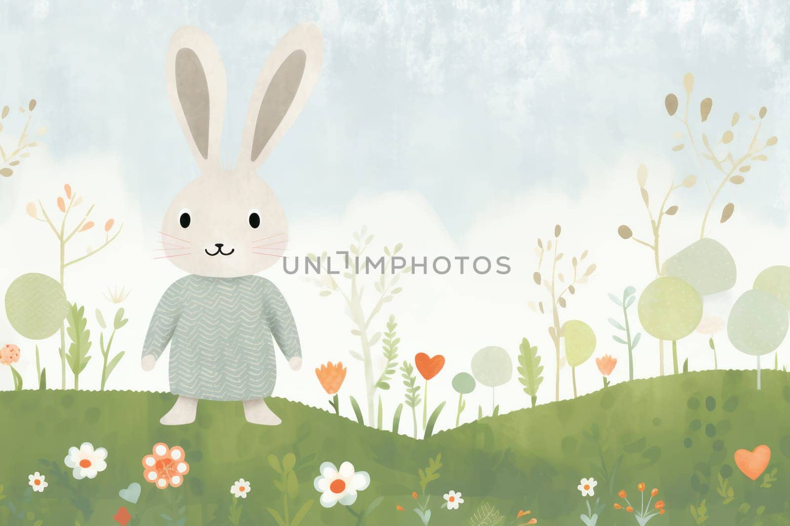 Cute Bunny Cartoon Illustration on Lovely Easter Card - A Funny Bunny with Pink Ears Surrounded by Beautiful Flower Patterns, Standing on Green Grass under Blue Sky.