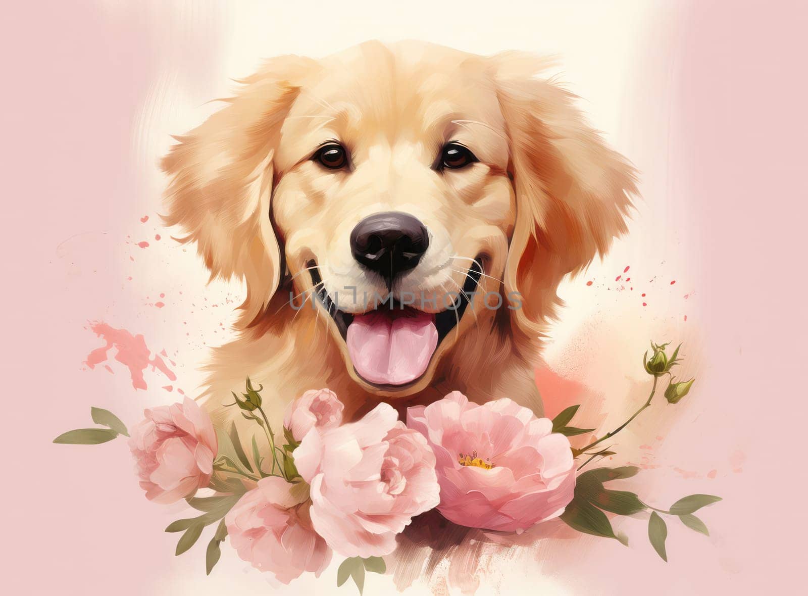Adorable Puppy Surrounded by Pink Flowers and Green Background by Vichizh