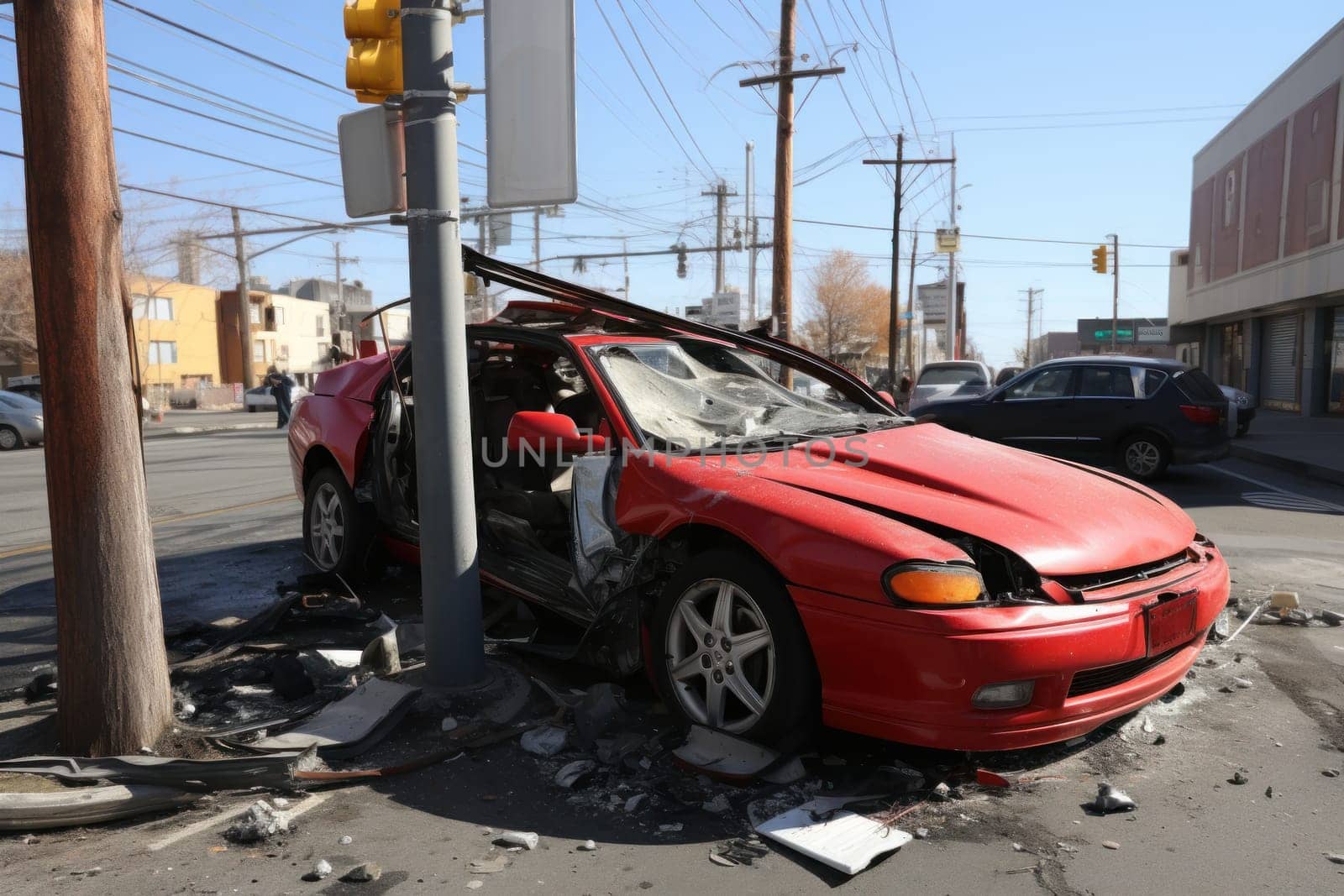 Car crash accident on the road banner. Generative AI.