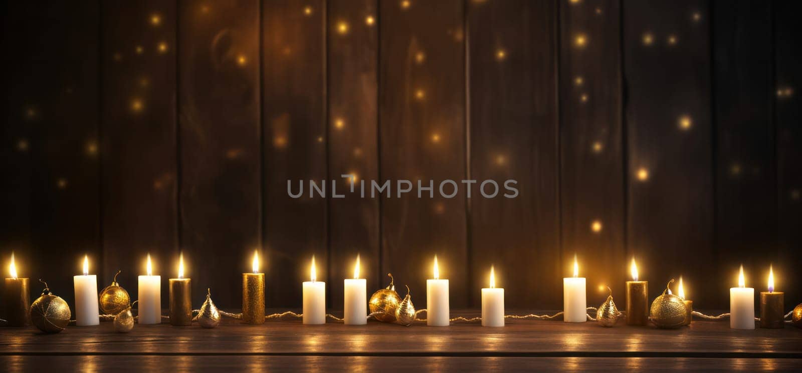 Romantic Christmas Night: Glowing Candlelight on a Wooden Table in a Rustic Church, Creating a Festive and Majestic Ambience by Vichizh