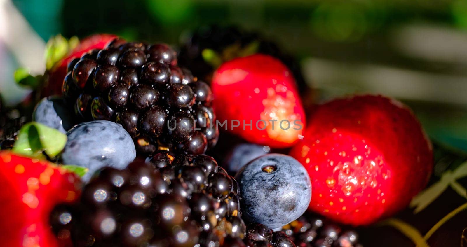 Close up berries overhead closeup colorful assorted mix of strawberry, blueberry, blackberry, red currant. download image by igor010