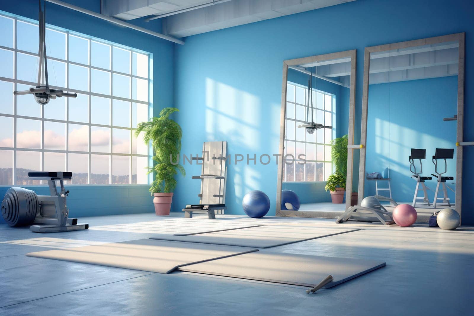 Fitness Lifestyle: Serene Yoga Studio, Empty with Wooden Floor and White Background