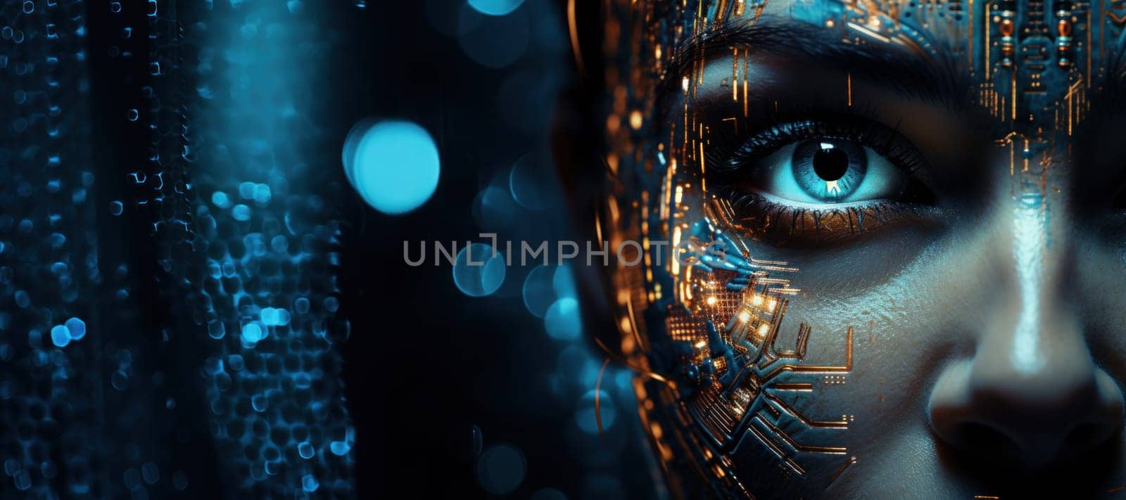 Complex detailed photograph of a cyborg face tech blur background. Generative AI by golfmerrymaker